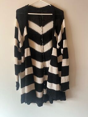 ADDITION ELLE Black and Cream Striped Open-Front Women’s Sweater Cardigan